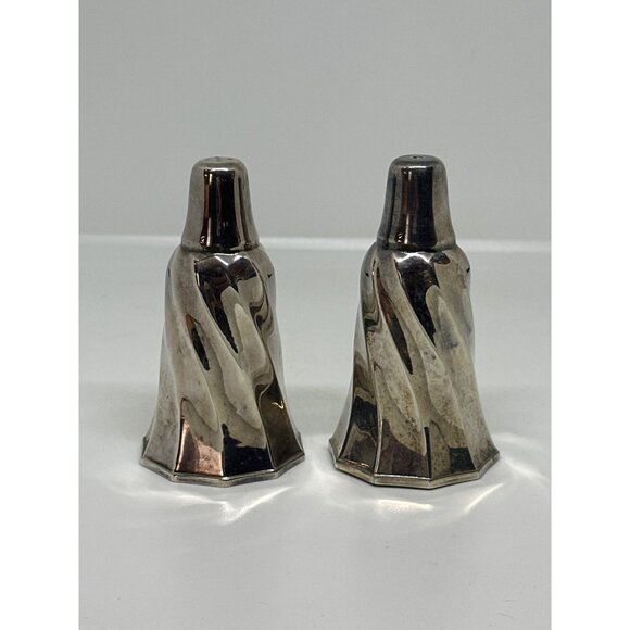 VTG Silver Plated Salt & Pepper Shakers Set 3.75" Swirl Decor MCM Hexagonal Base - Picture 2 of 6